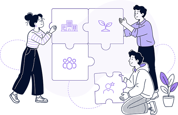 Illustration of a team assembling puzzle pieces representing organisation, growth and collaboration