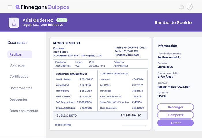 Screenshot of the Payslips module in Quippos