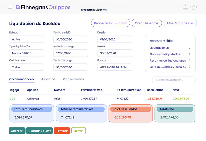 Screenshot of the Payroll module in Quippos
