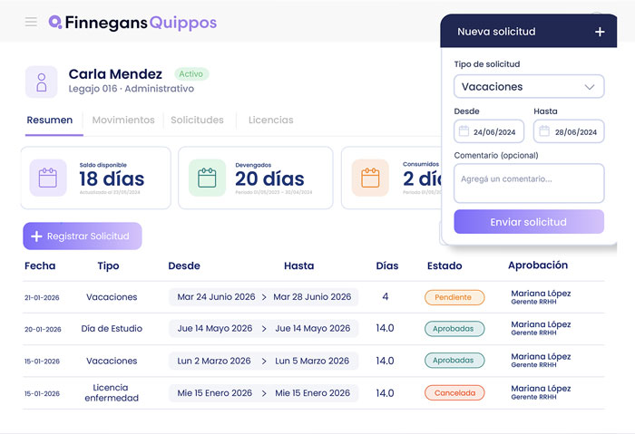 Screenshot of the Time Off module in Quippos